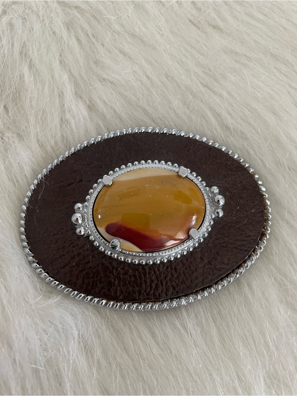 Vintage Brown Leather Belt Buckle with Amber Stone Accent